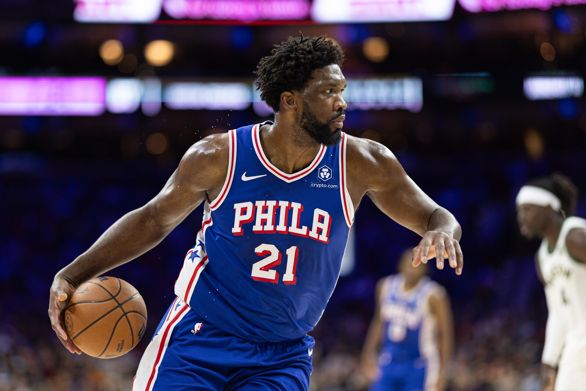 Nov 15, 2023; Philadelphia, Pennsylvania, USA; Philadelphia 76ers center Joel Embiid (21) controls the ball against the Boston Celtics during the third quarter at Wells Fargo Center.
