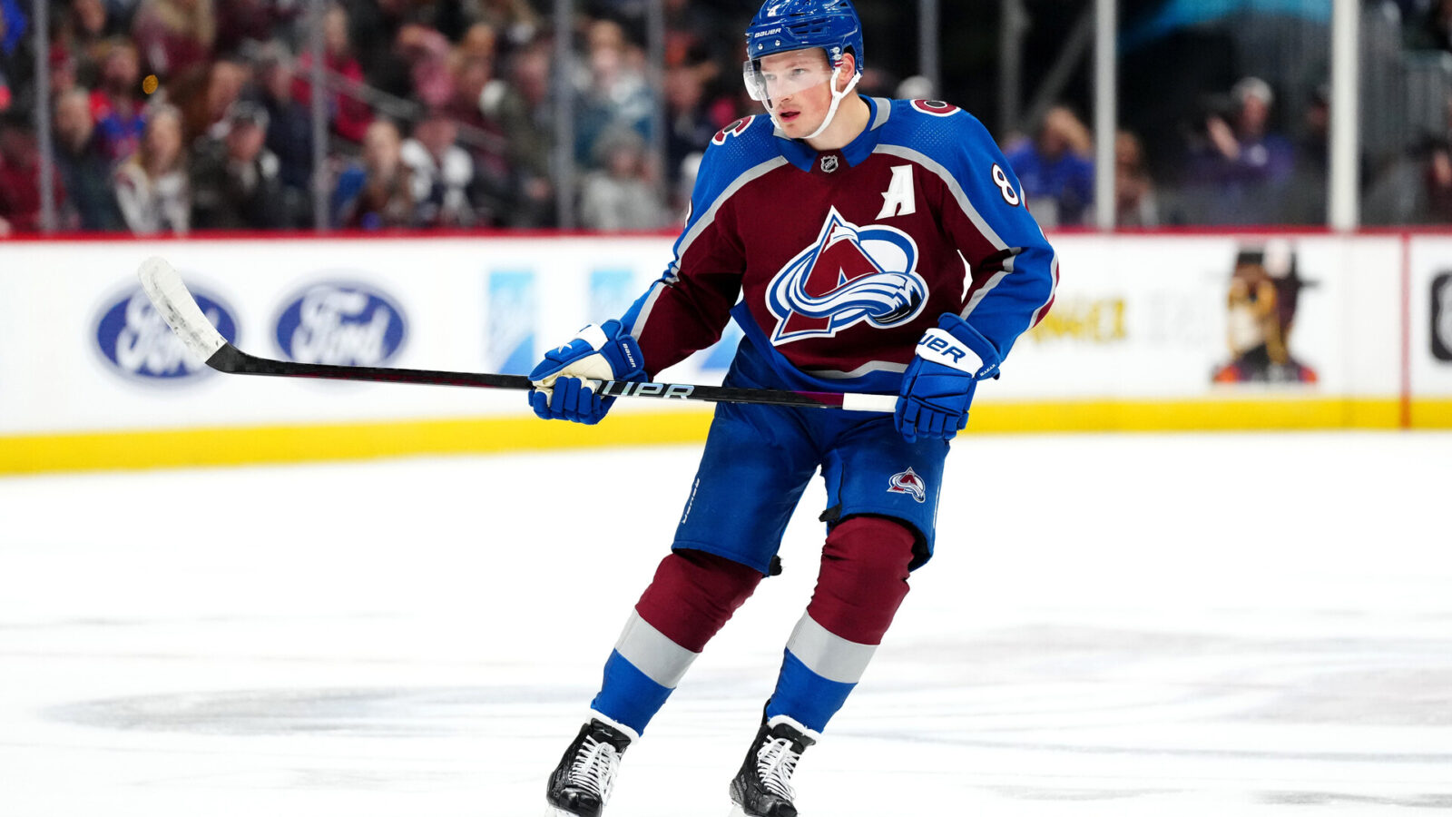 Nov 15, 2023; Denver, Colorado, USA; Colorado Avalanche defenseman Cale Makar (8) during the second period against the Anaheim Ducks at Ball Arena.