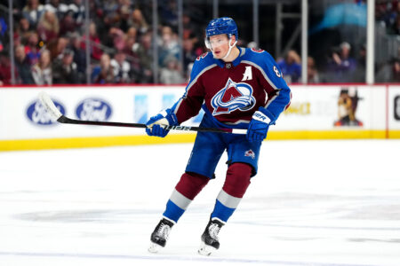 Nov 15, 2023; Denver, Colorado, USA; Colorado Avalanche defenseman Cale Makar (8) during the second period against the Anaheim Ducks at Ball Arena.