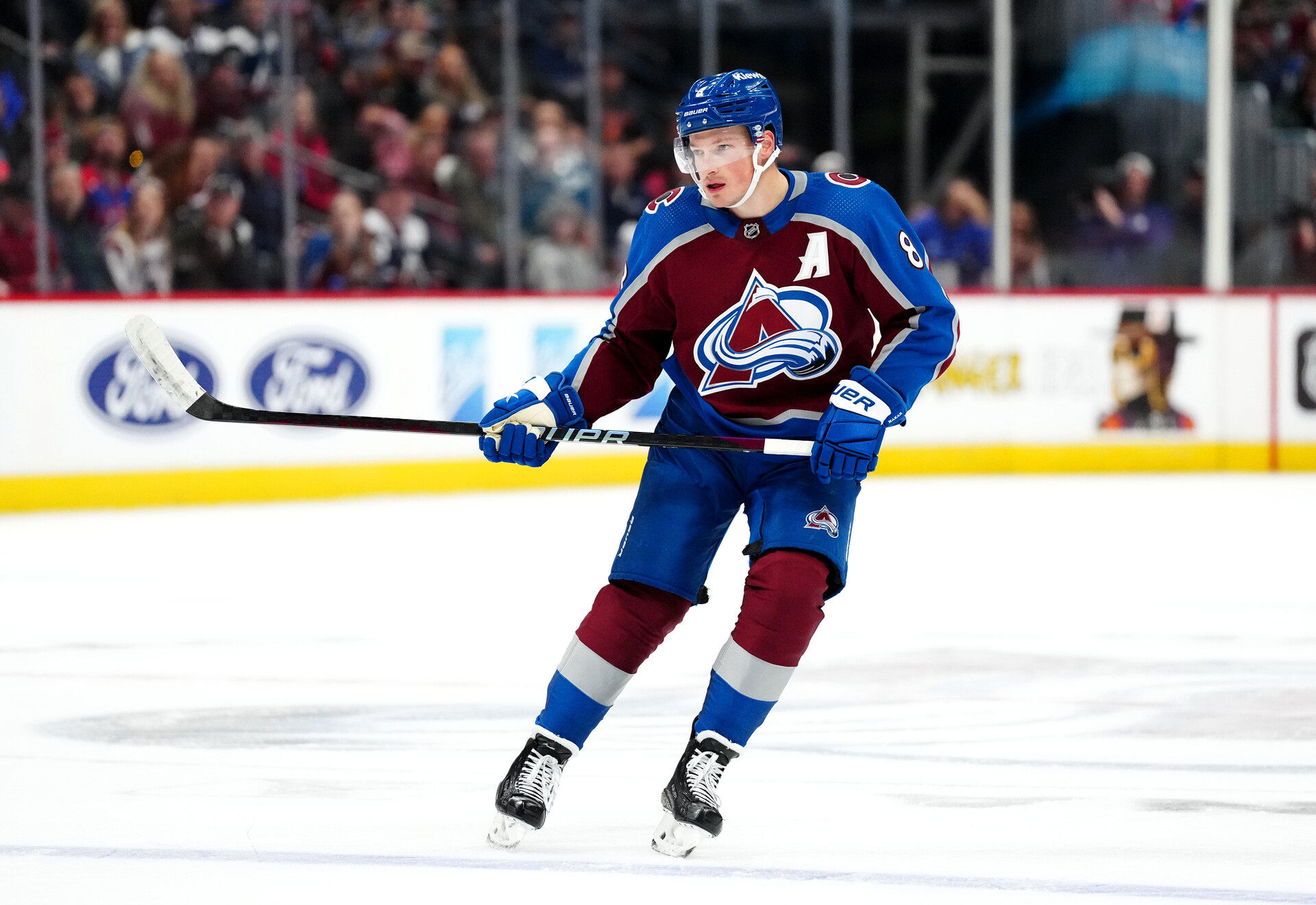 Nov 15, 2023; Denver, Colorado, USA; Colorado Avalanche defenseman Cale Makar (8) during the second period against the Anaheim Ducks at Ball Arena.