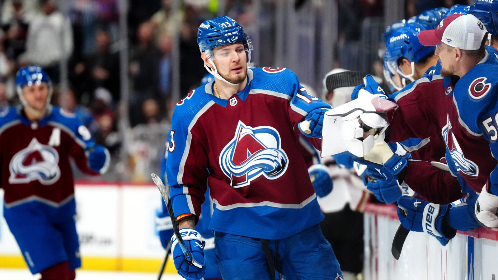 Nov 15, 2023; Denver, Colorado, USA; Colorado Avalanche right wing Valeri Nichushkin (13) celebrates his second goal scored in the third period against the Anaheim Ducks at Ball Arena.