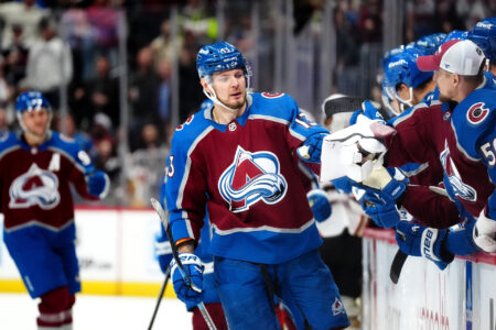 Nov 15, 2023; Denver, Colorado, USA; Colorado Avalanche right wing Valeri Nichushkin (13) celebrates his second goal scored in the third period against the Anaheim Ducks at Ball Arena.