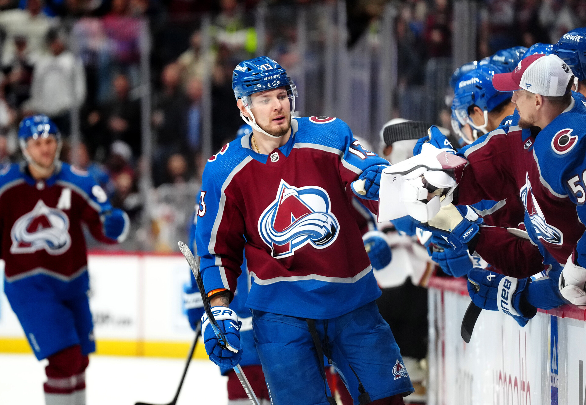 Nov 15, 2023; Denver, Colorado, USA; Colorado Avalanche right wing Valeri Nichushkin (13) celebrates his second goal scored in the third period against the Anaheim Ducks at Ball Arena.