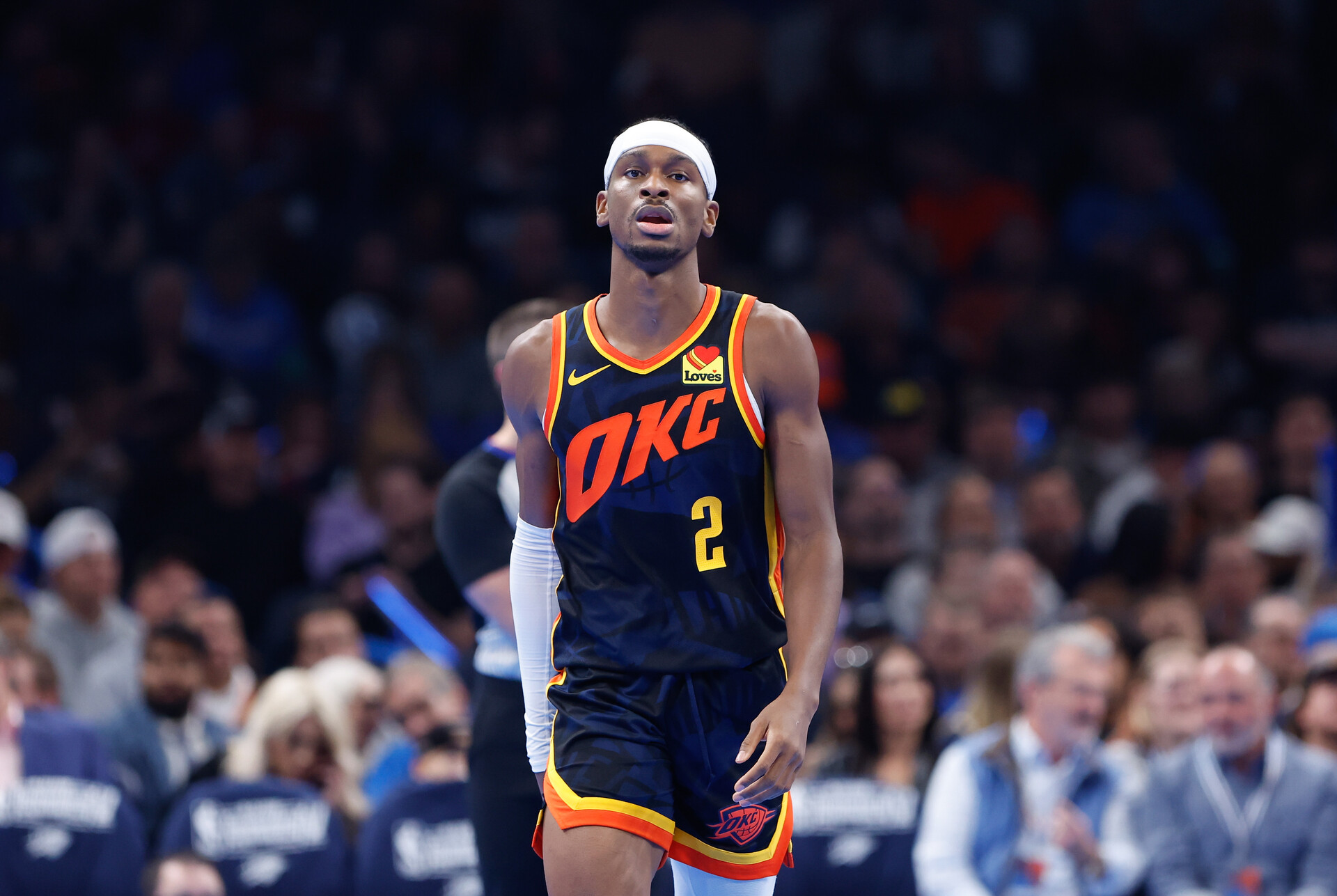 Nov 14, 2023; Oklahoma City, Oklahoma, USA; Oklahoma City Thunder guard Shai Gilgeous-Alexander (2) walks down the court during the second half against the San Antonio Spurs at Paycom Center.