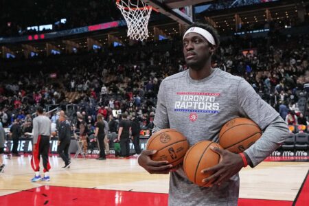 Nov 13, 2023; Toronto, Ontario, CAN; Toronto Raptors forward Pascal Siakam (43) carries the basketballs during the pregame warmup before a game against the Washington Wizards at Scotiabank Arena.