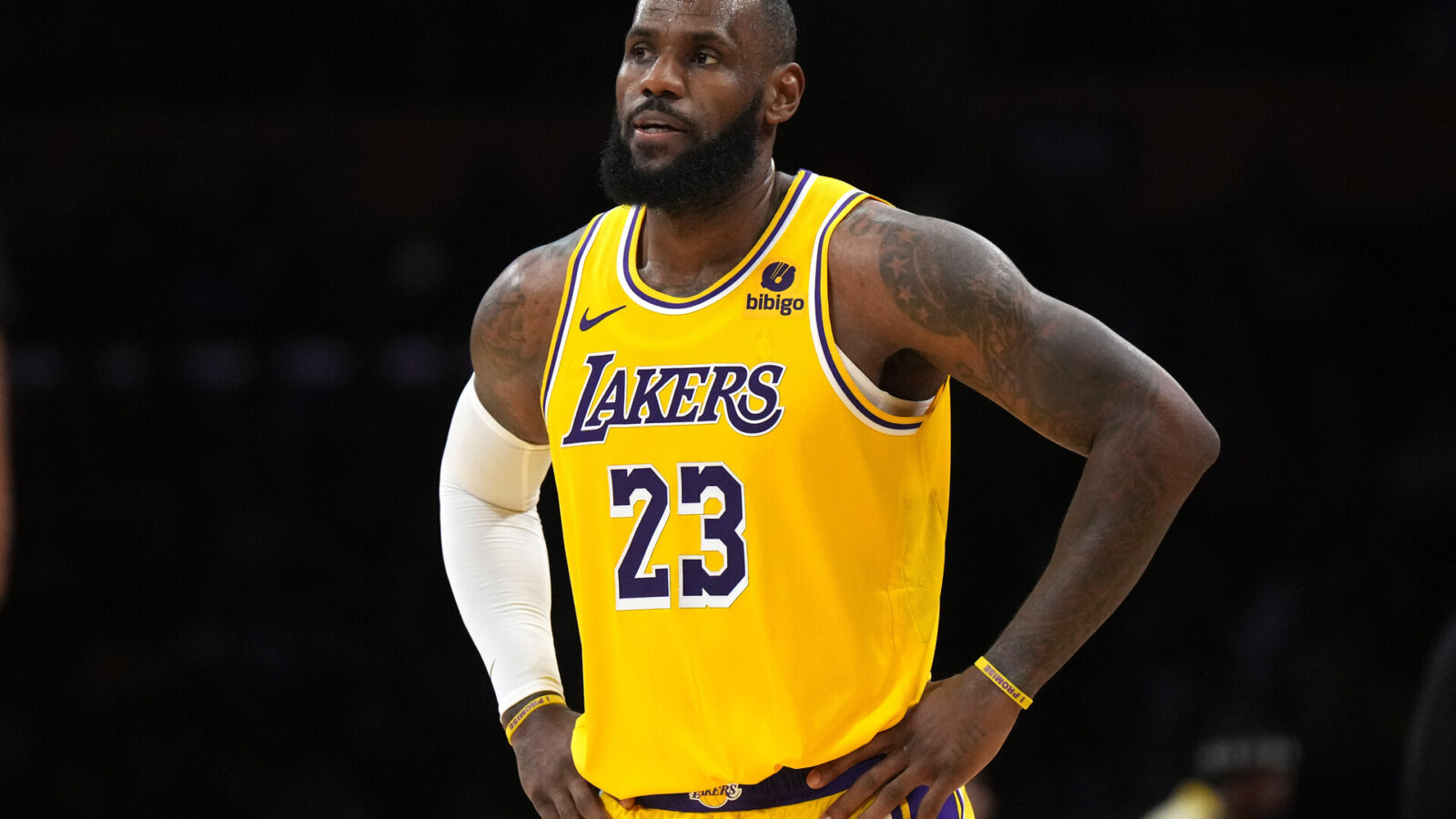 Nov 15, 2023; Los Angeles, California, USA; Los Angeles Lakers forward LeBron James (23) reacts in the second half against the Sacramento Kings at Crypto.com Arena.