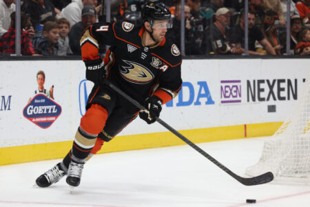 Nov 17, 2023; Anaheim, California, USA; Anaheim Ducks defenseman Cam Fowler (4) skates during the first period against the Florida Panthers at Honda Center.