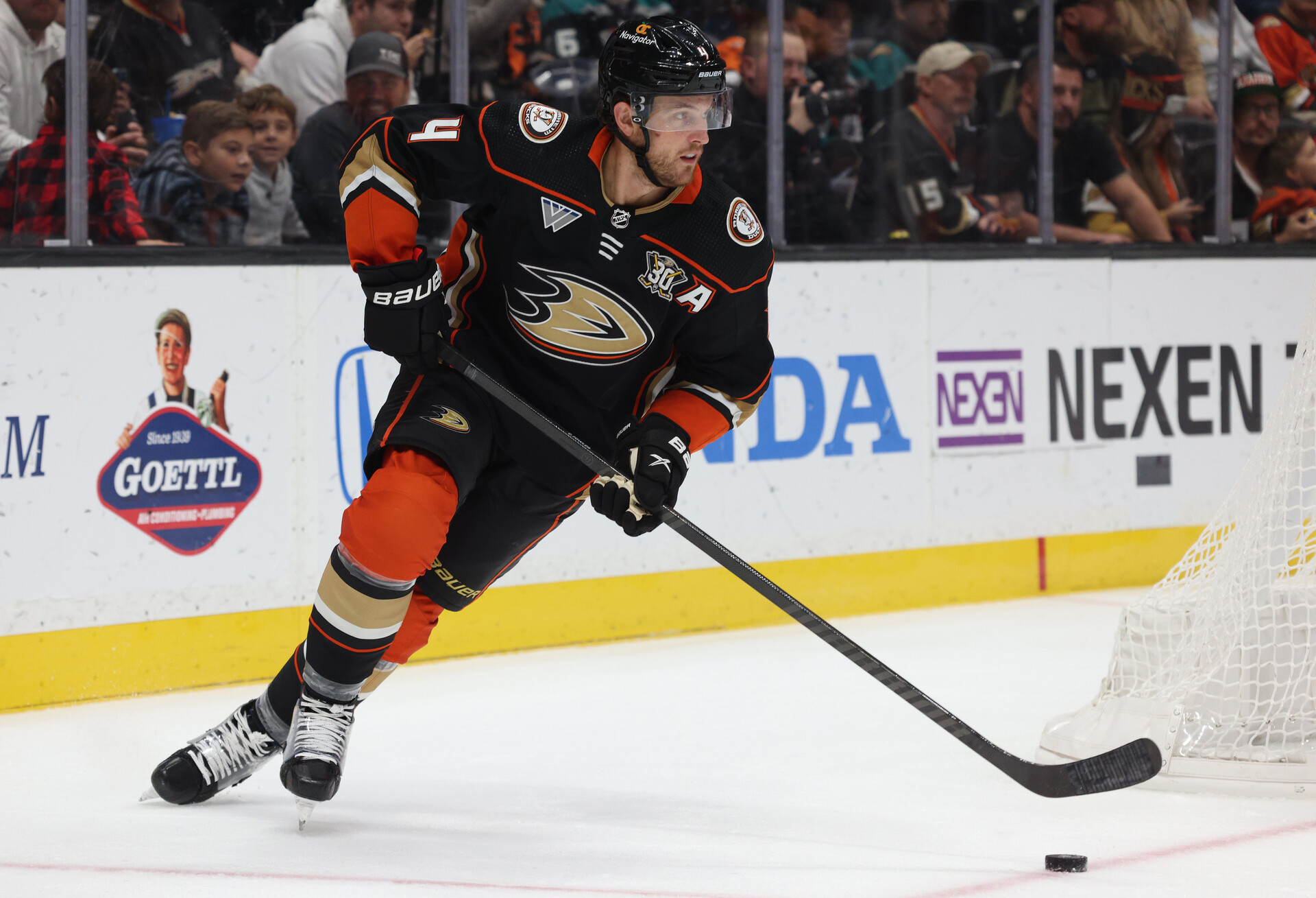 Nov 17, 2023; Anaheim, California, USA; Anaheim Ducks defenseman Cam Fowler (4) skates during the first period against the Florida Panthers at Honda Center.
