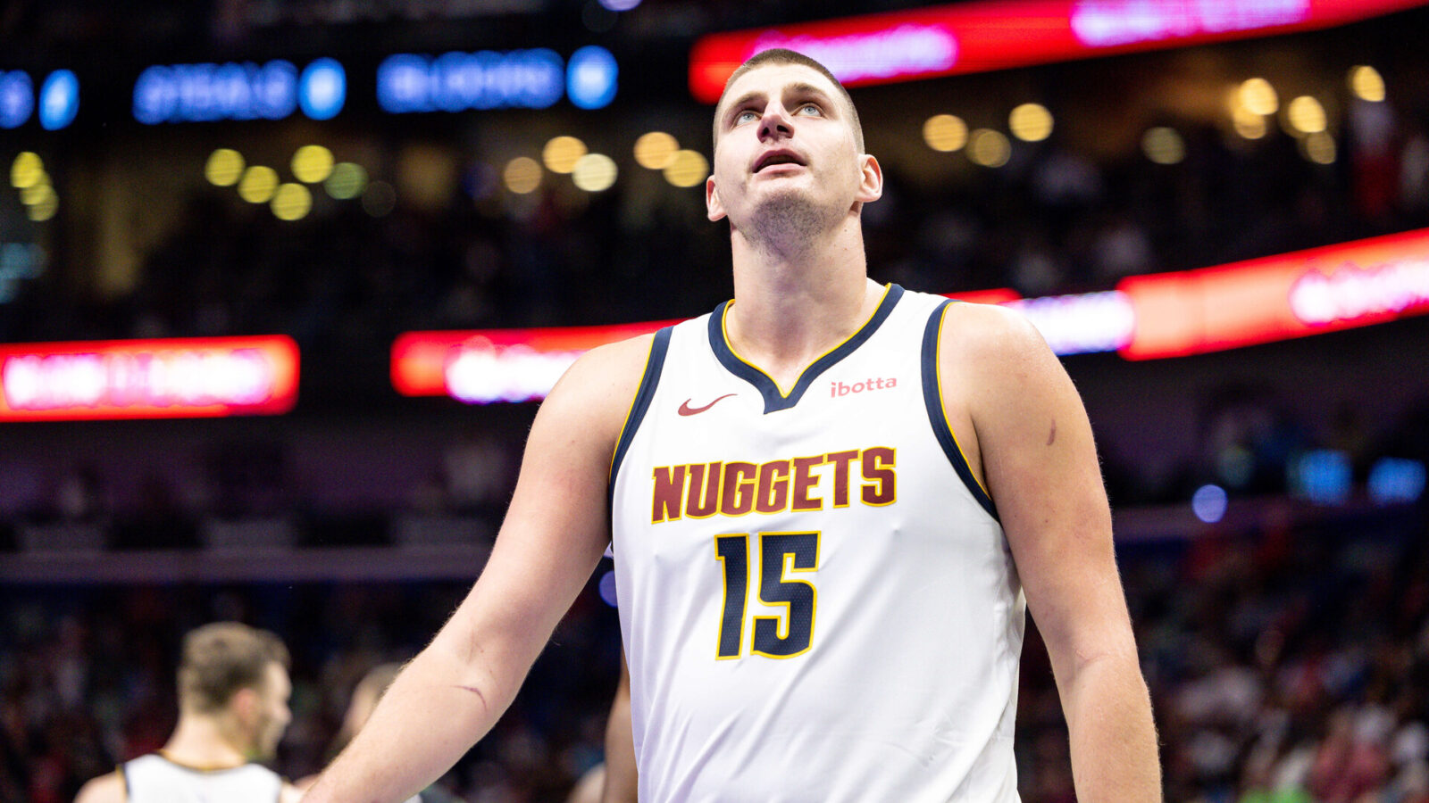 Nov 17, 2023; New Orleans, Louisiana, USA; Denver Nuggets center Nikola Jokic (15) looks on against the New Orleans Pelicans during the second half at the Smoothie King Center