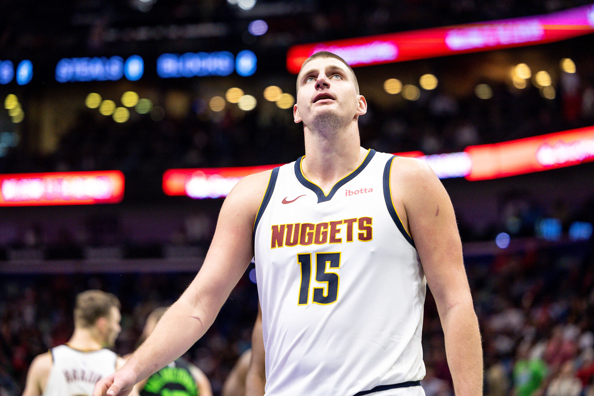 Nov 17, 2023; New Orleans, Louisiana, USA; Denver Nuggets center Nikola Jokic (15) looks on against the New Orleans Pelicans during the second half at the Smoothie King Center