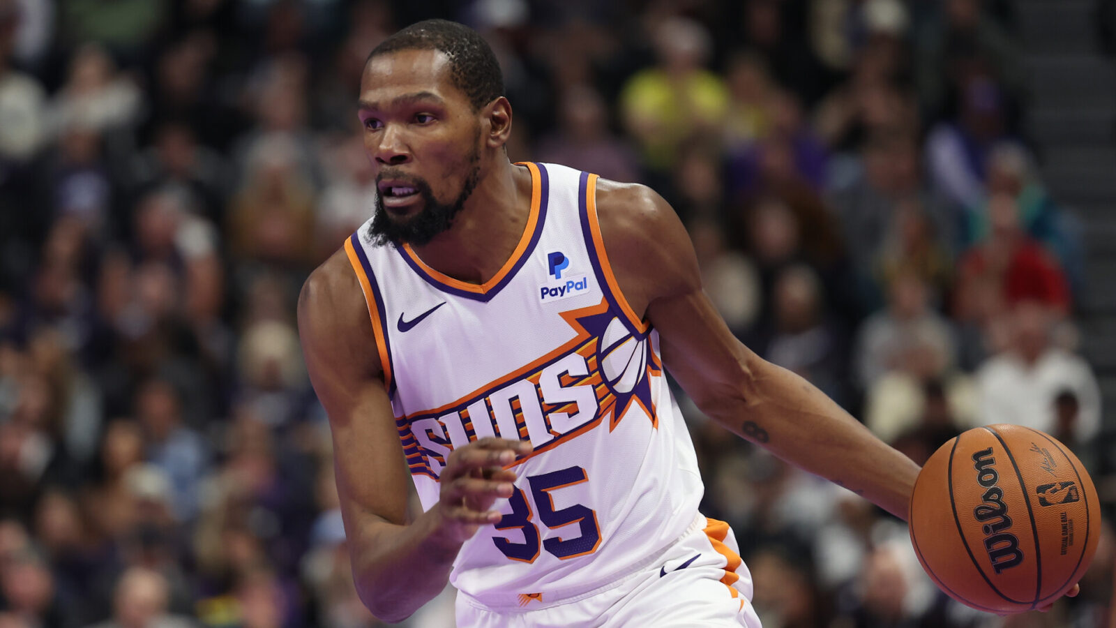 Nov 17, 2023; Salt Lake City, Utah, USA; Phoenix Suns forward Kevin Durant (35) drives the ball against the Utah Jazz in the second quarter at Delta Center.