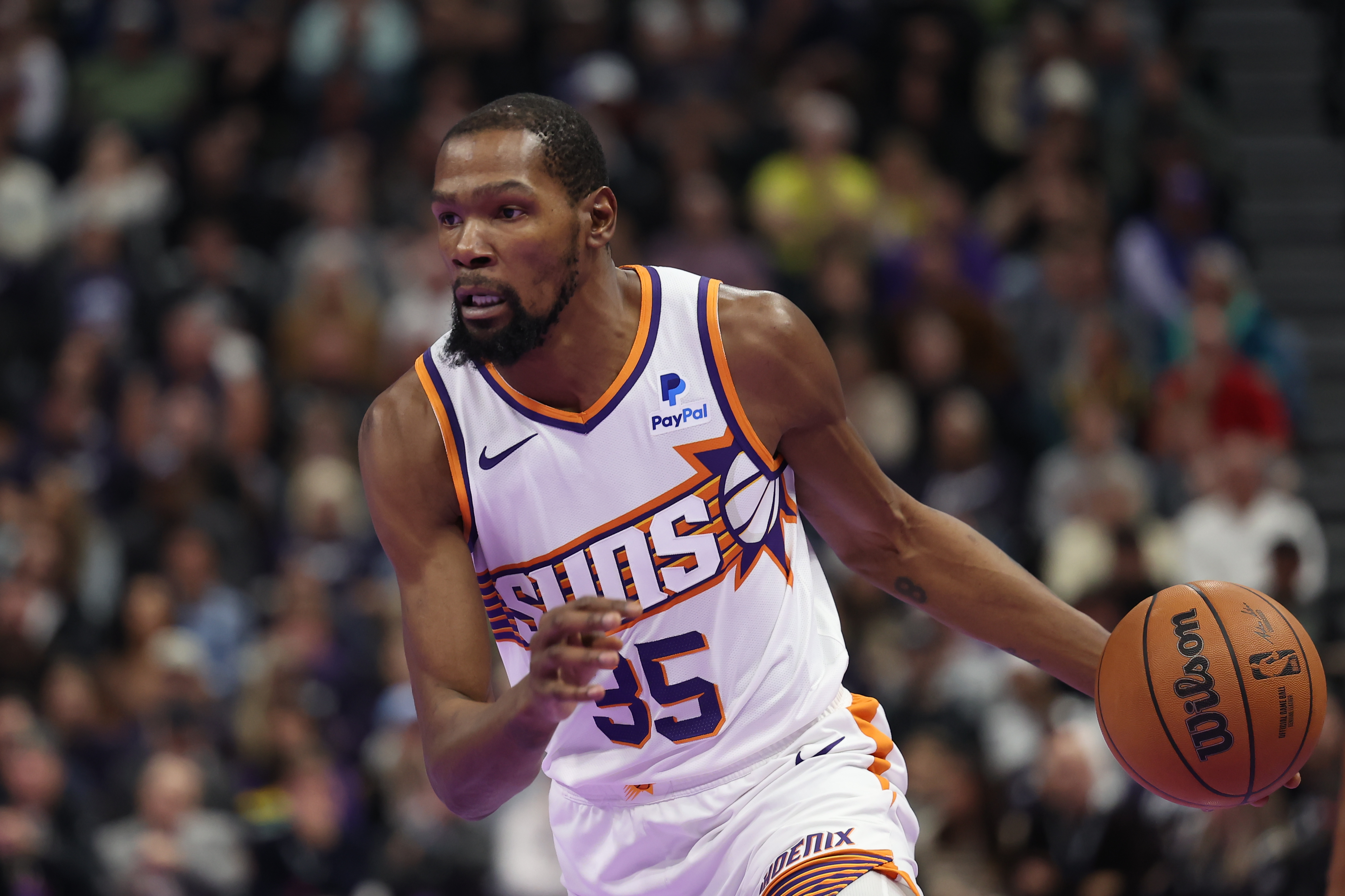 Nov 17, 2023; Salt Lake City, Utah, USA; Phoenix Suns forward Kevin Durant (35) drives the ball against the Utah Jazz in the second quarter at Delta Center.
