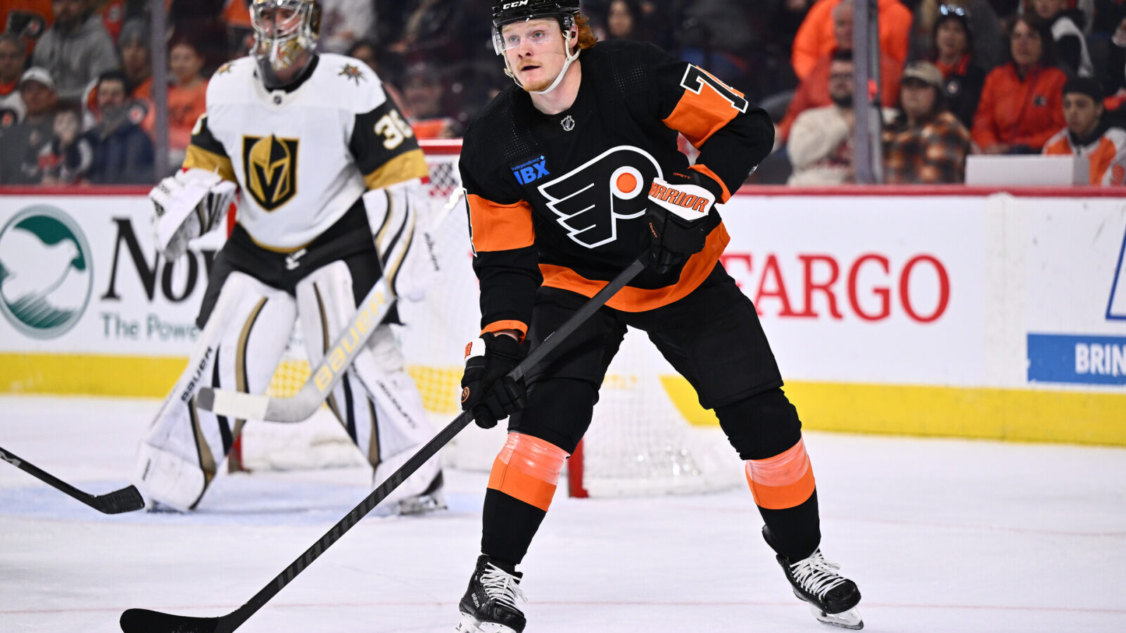 Nov 18, 2023; Philadelphia, Pennsylvania, USA; Philadelphia Flyers right wing Owen Tippett (74) in action against the Vegas Golden Knights in the second period at Wells Fargo Center.