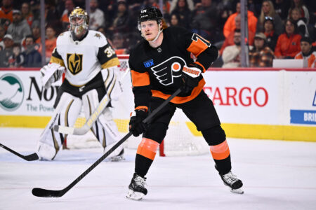 Nov 18, 2023; Philadelphia, Pennsylvania, USA; Philadelphia Flyers right wing Owen Tippett (74) in action against the Vegas Golden Knights in the second period at Wells Fargo Center.