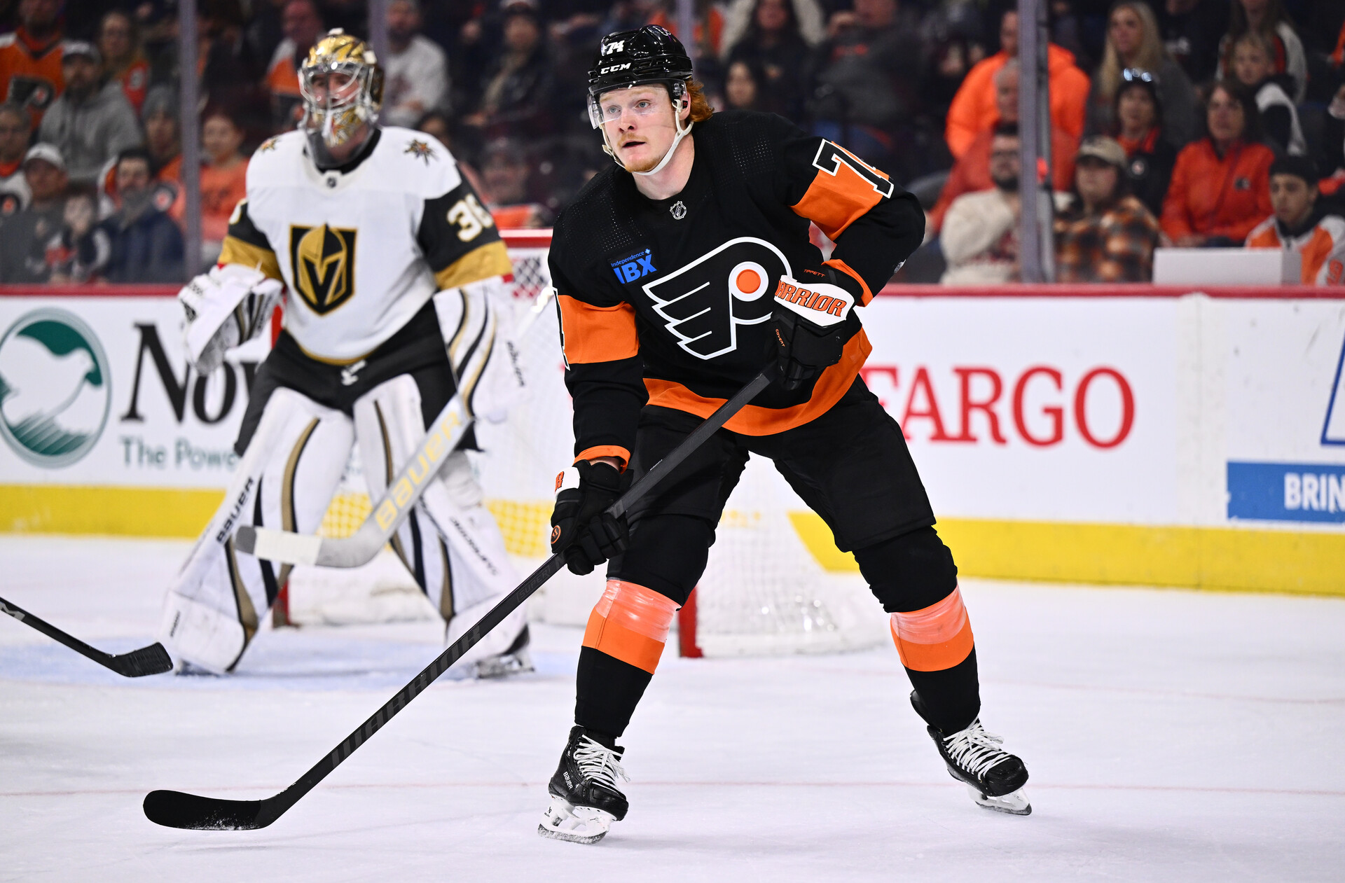 Nov 18, 2023; Philadelphia, Pennsylvania, USA; Philadelphia Flyers right wing Owen Tippett (74) in action against the Vegas Golden Knights in the second period at Wells Fargo Center.