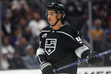 Nov 18, 2023; Los Angeles, California, USA; Los Angeles Kings center Quinton Byfield (55) looks on during the first period against the St. Louis Blues at Crypto.com Arena.