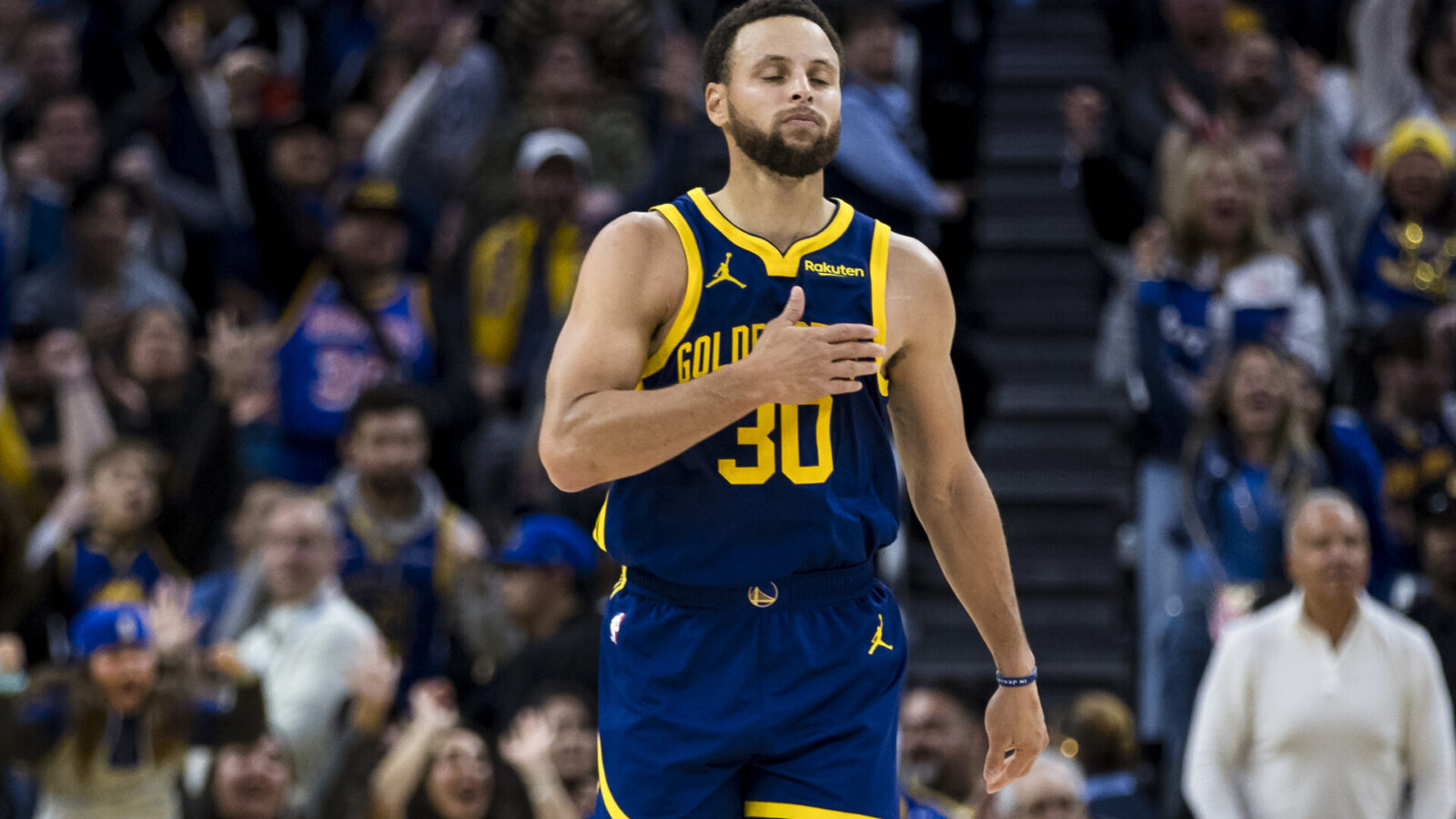 Nov 18, 2023; San Francisco, California, USA; Golden State Warriors guard Stephen Curry (30) reacts after scoring against the Oklahoma City Thunder during the second half at Chase Center.
