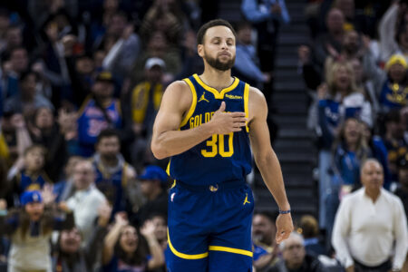 Nov 18, 2023; San Francisco, California, USA; Golden State Warriors guard Stephen Curry (30) reacts after scoring against the Oklahoma City Thunder during the second half at Chase Center.