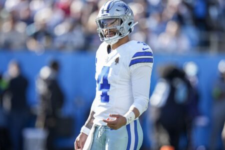 Nov 19, 2023; Charlotte, North Carolina, USA; Dallas Cowboys quarterback Dak Prescott (4) waits for a tight end during the first quarter against the Carolina Panthers at Bank of America Stadium.
