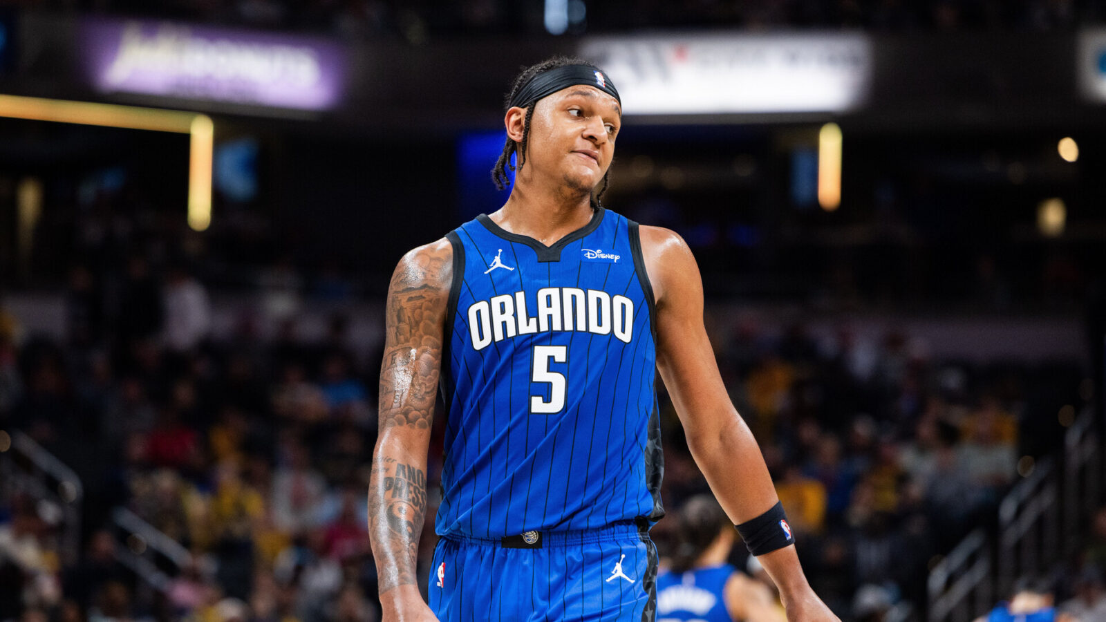 Nov 19, 2023; Indianapolis, Indiana, USA; Orlando Magic forward Paolo Banchero (5) in the first half against the Indiana Pacers at Gainbridge Fieldhouse.