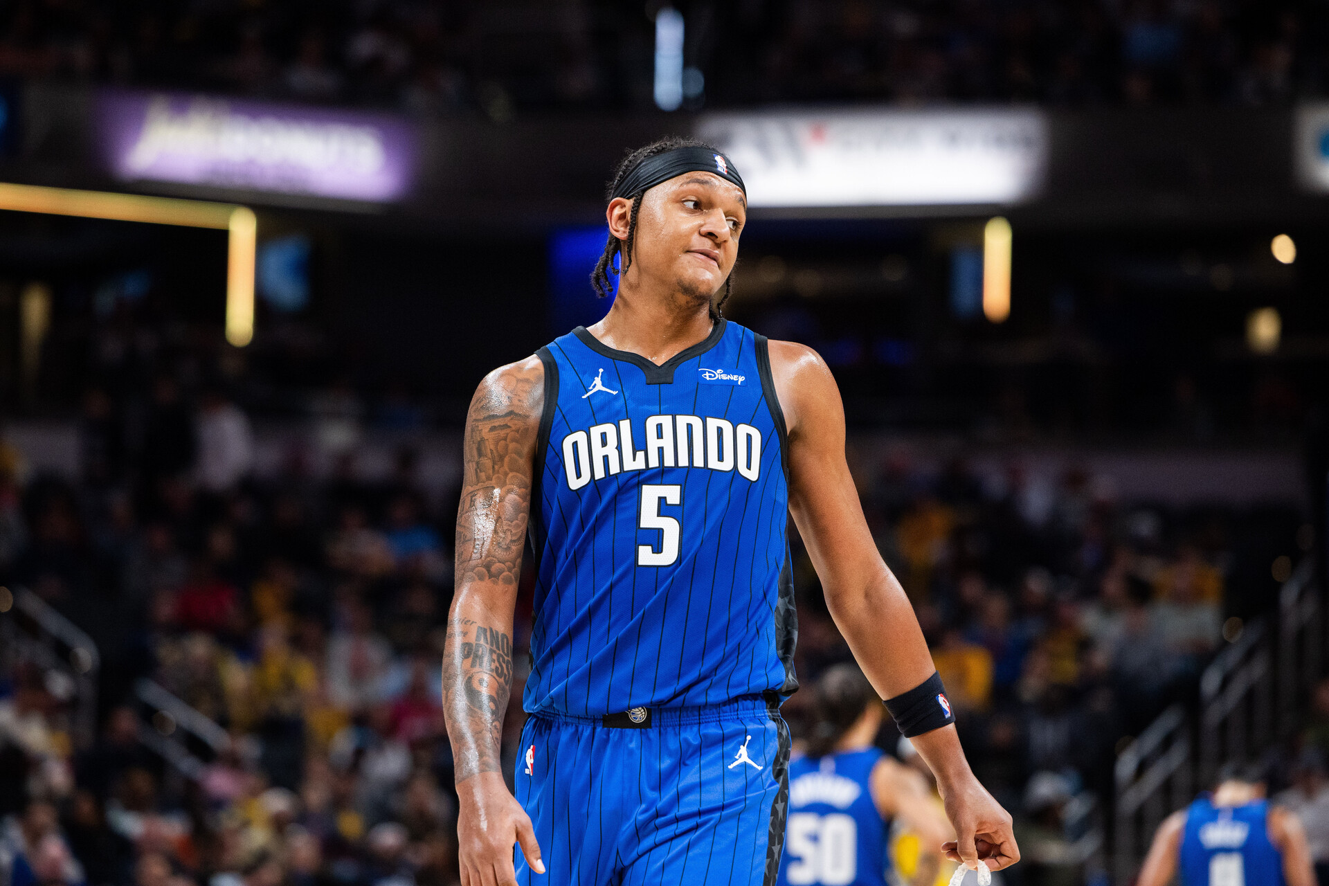 Nov 19, 2023; Indianapolis, Indiana, USA; Orlando Magic forward Paolo Banchero (5) in the first half against the Indiana Pacers at Gainbridge Fieldhouse.