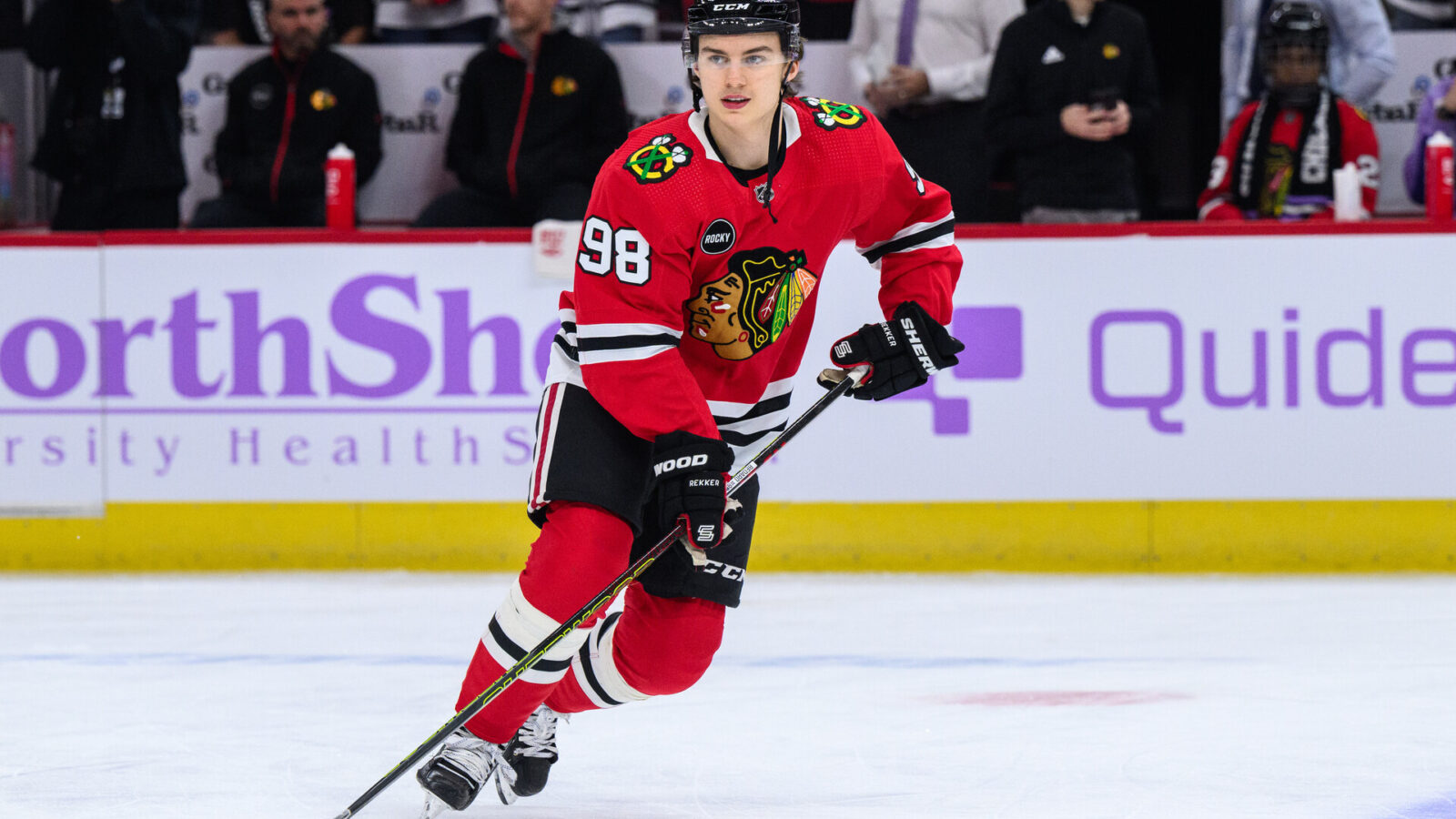 Nov 19, 2023; Chicago, Illinois, USA; Chicago Blackhawks center Connor Bedard (98) warms up against the Buffalo Sabres before the game at the United Center.
