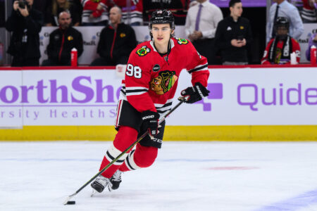 Nov 19, 2023; Chicago, Illinois, USA; Chicago Blackhawks center Connor Bedard (98) warms up against the Buffalo Sabres before the game at the United Center.