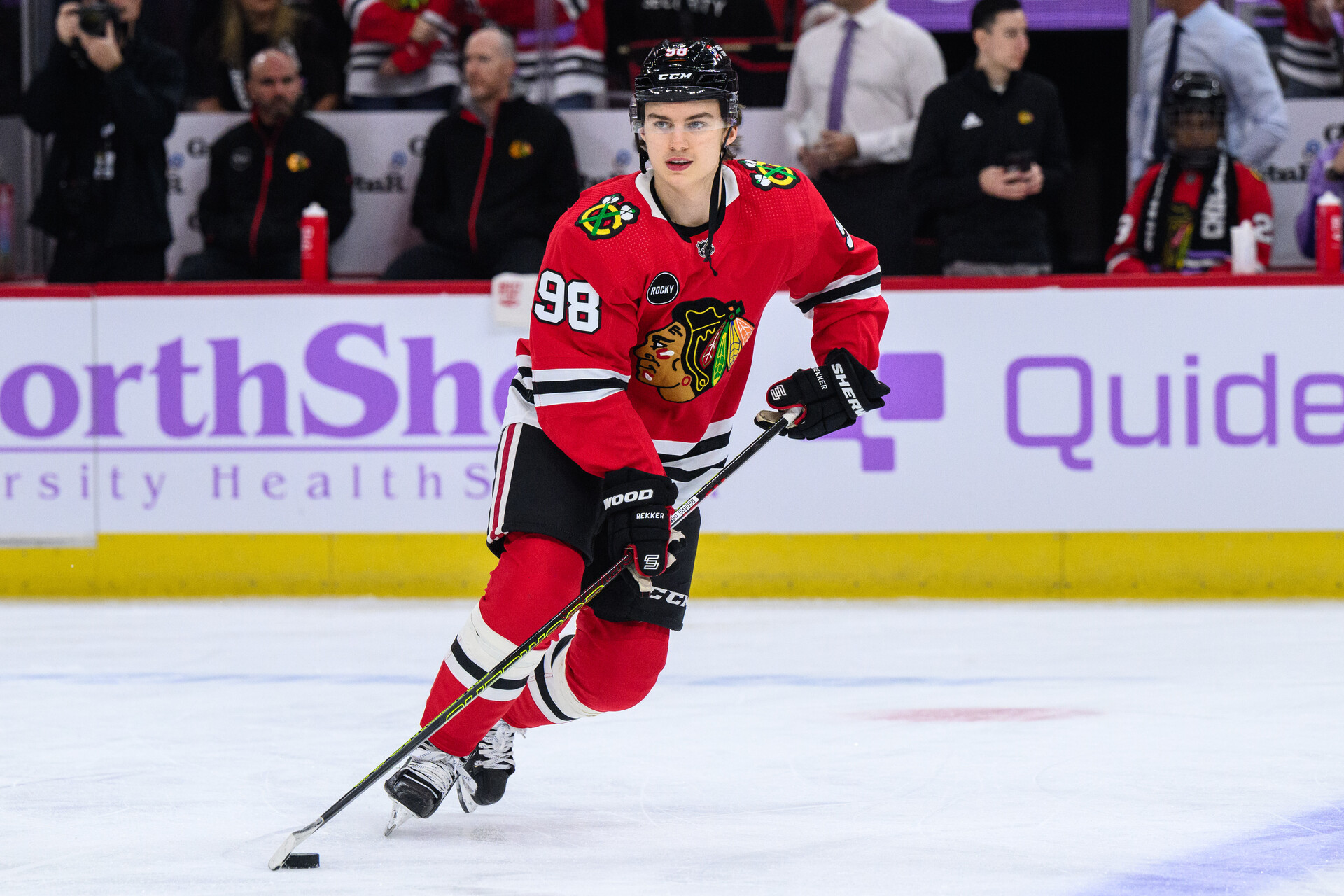Nov 19, 2023; Chicago, Illinois, USA; Chicago Blackhawks center Connor Bedard (98) warms up against the Buffalo Sabres before the game at the United Center.