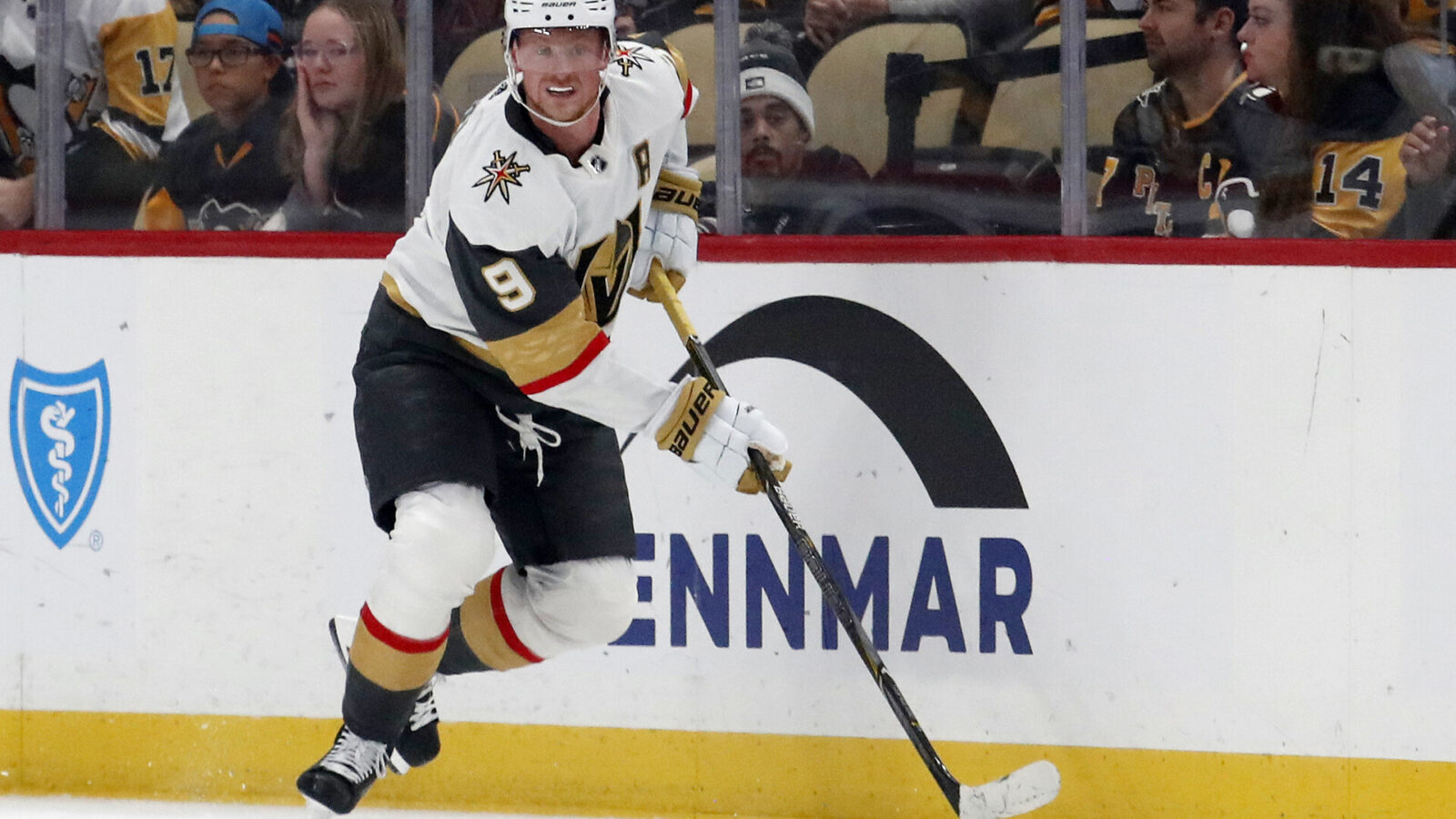 Nov 19, 2023; Pittsburgh, Pennsylvania, USA; Vegas Golden Knights center Jack Eichel (9) moves the puck against the Pittsburgh Penguins during the first period at PPG Paints Arena.