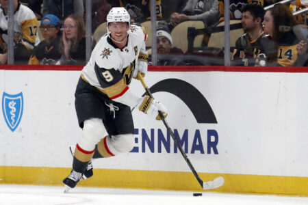 Nov 19, 2023; Pittsburgh, Pennsylvania, USA; Vegas Golden Knights center Jack Eichel (9) moves the puck against the Pittsburgh Penguins during the first period at PPG Paints Arena.