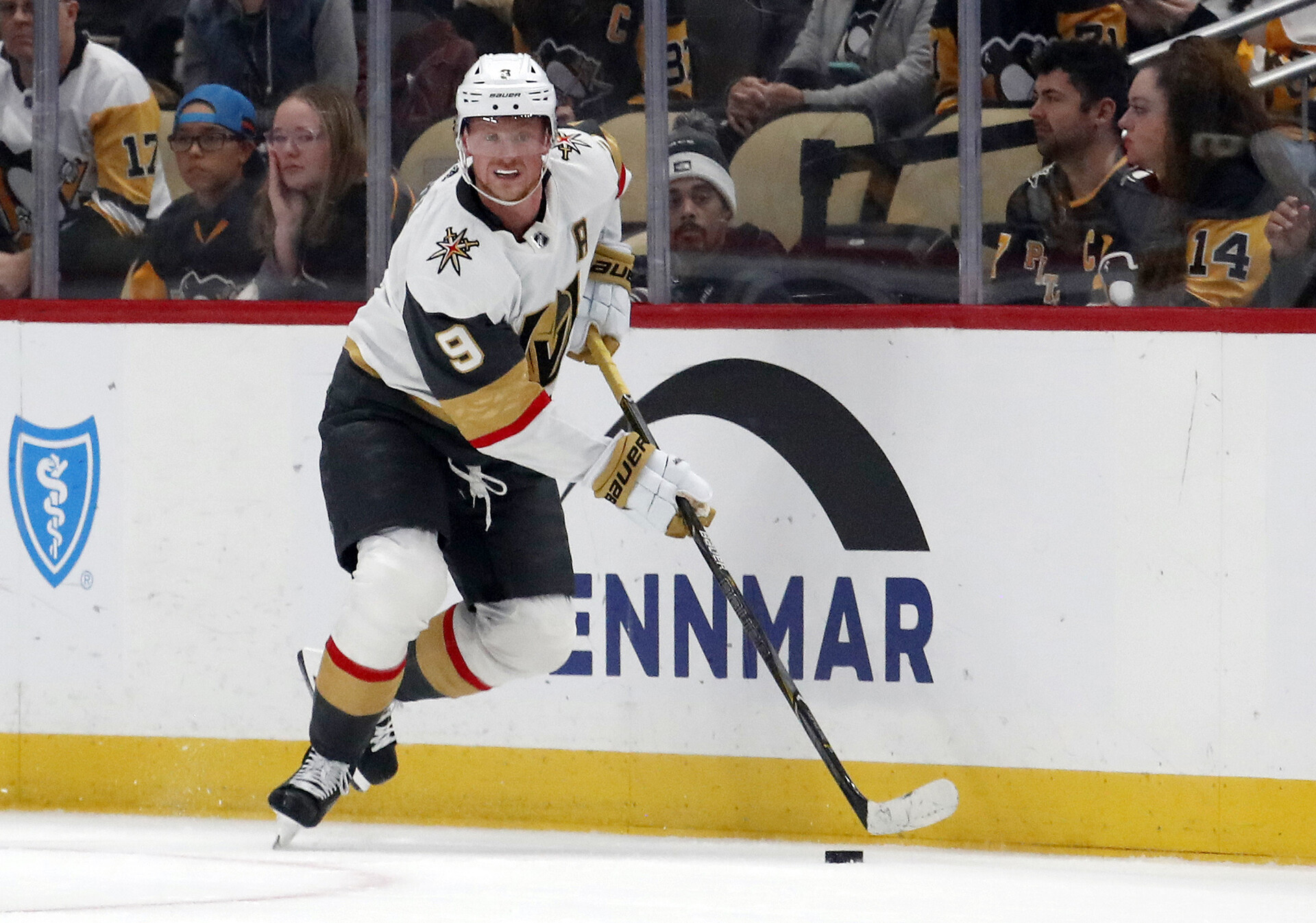 Nov 19, 2023; Pittsburgh, Pennsylvania, USA; Vegas Golden Knights center Jack Eichel (9) moves the puck against the Pittsburgh Penguins during the first period at PPG Paints Arena.
