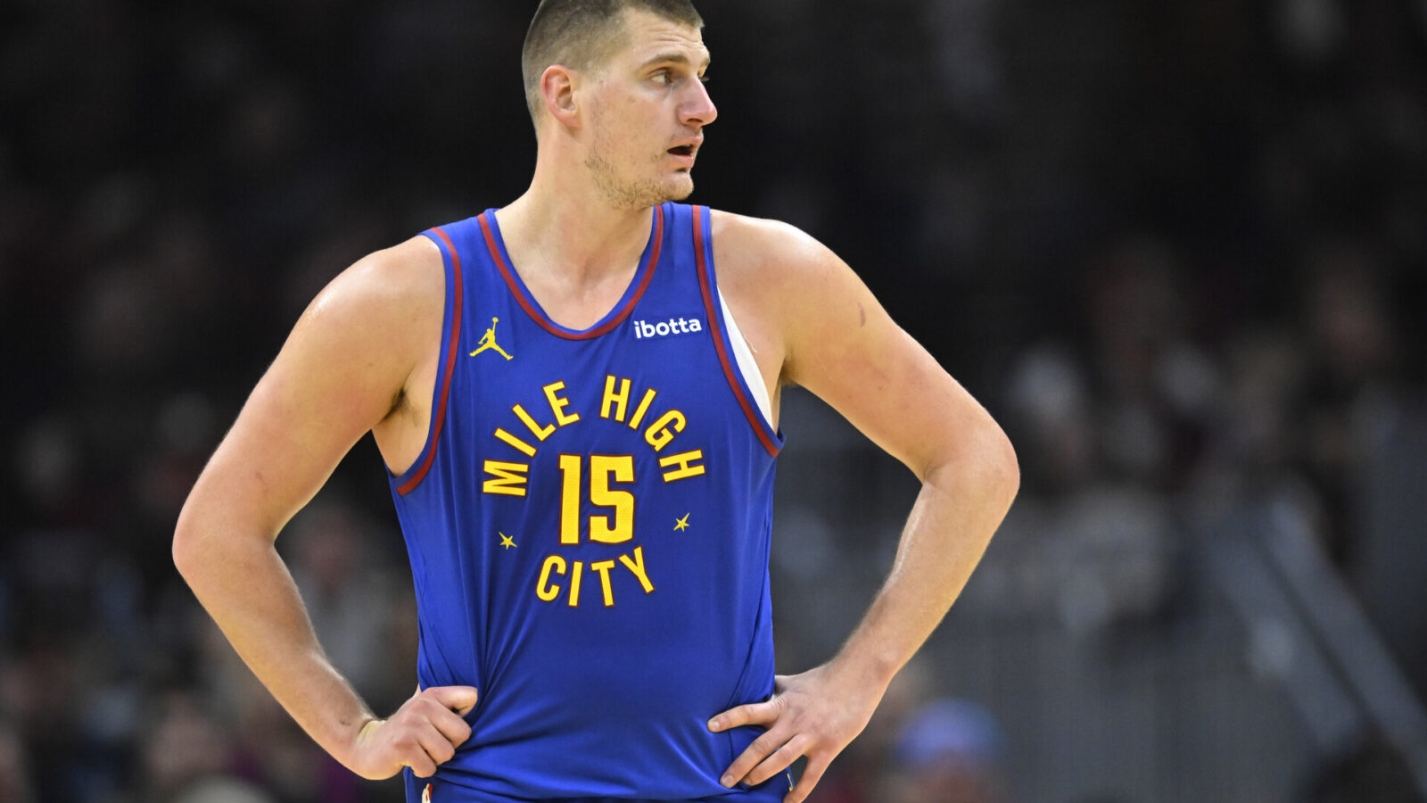 Nov 19, 2023; Cleveland, Ohio, USA; Denver Nuggets center Nikola Jokic (15) stands on the court in the second quarter against the Cleveland Cavaliers at Rocket Mortgage FieldHouse.