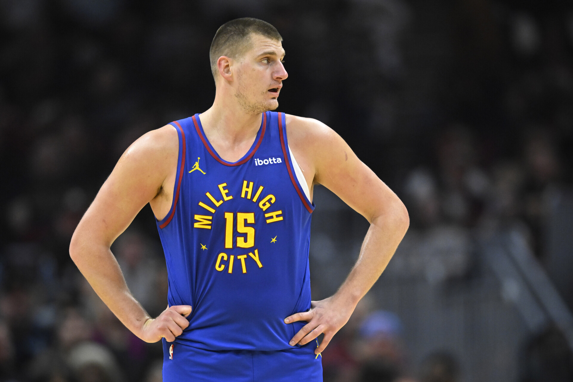Nov 19, 2023; Cleveland, Ohio, USA; Denver Nuggets center Nikola Jokic (15) stands on the court in the second quarter against the Cleveland Cavaliers at Rocket Mortgage FieldHouse.