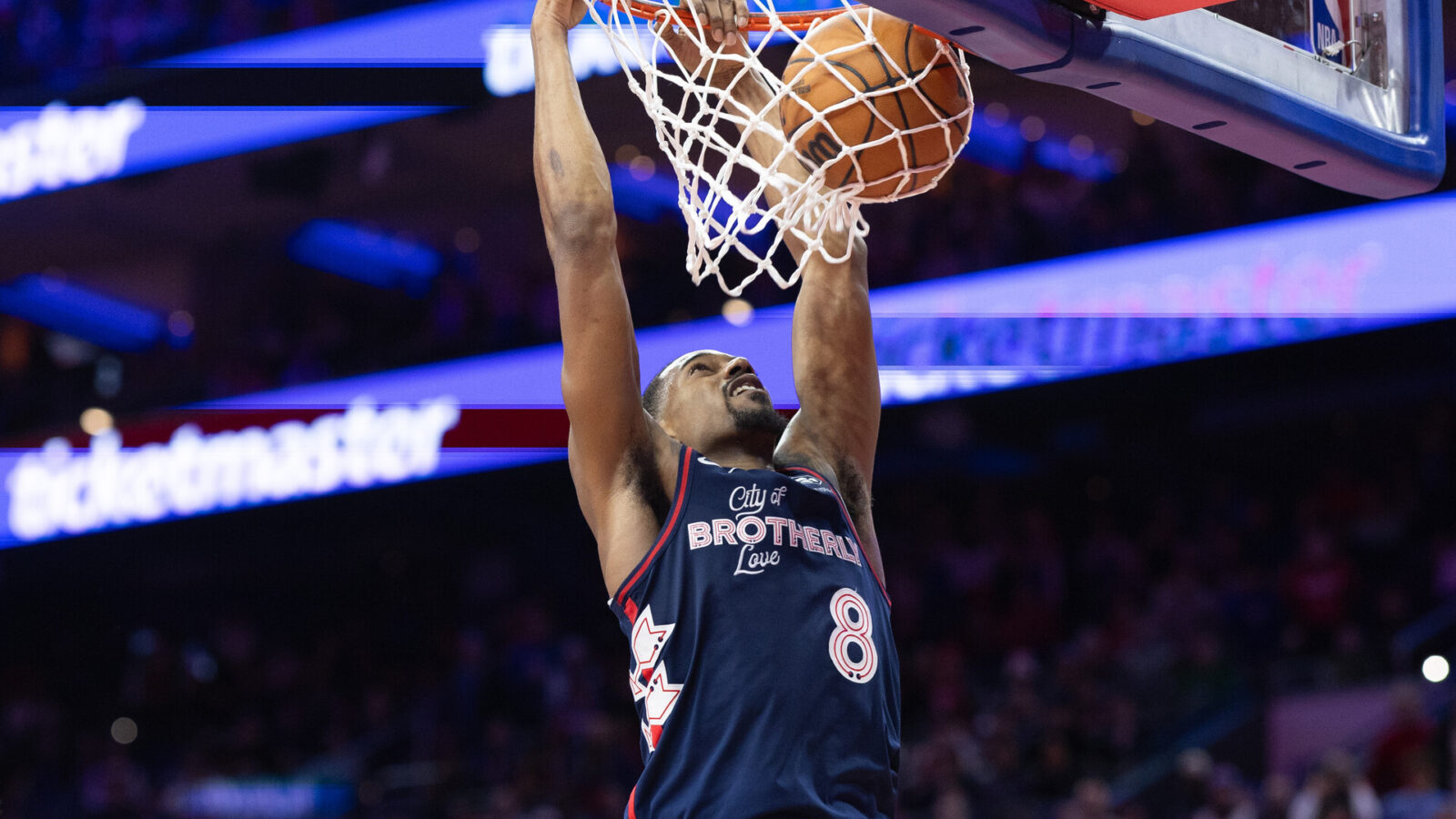 Nov 21, 2023; Philadelphia, Pennsylvania, USA; Philadelphia 76ers guard Kelly Oubre Jr. (9) dunks the ball against the Cleveland Cavaliers during overtime at Wells Fargo Center.