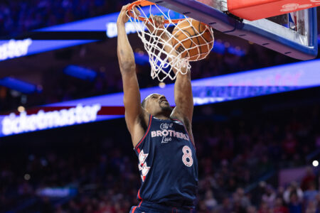 Nov 21, 2023; Philadelphia, Pennsylvania, USA; Philadelphia 76ers guard Kelly Oubre Jr. (9) dunks the ball against the Cleveland Cavaliers during overtime at Wells Fargo Center.