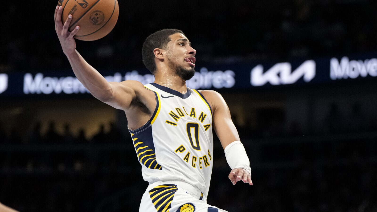 Nov 21, 2023; Atlanta, Georgia, USA; Indiana Pacers guard Tyrese Haliburton (0) goes to the basket against the Atlanta Hawks during the second half at State Farm Arena.