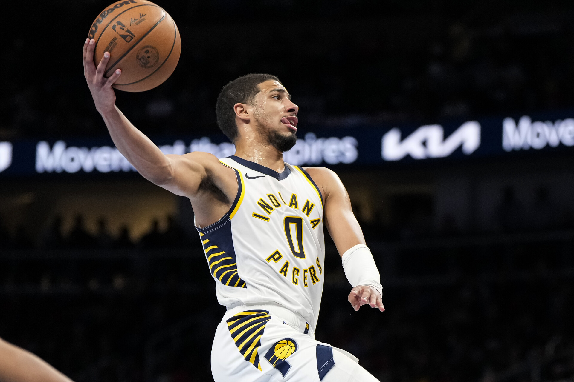 Nov 21, 2023; Atlanta, Georgia, USA; Indiana Pacers guard Tyrese Haliburton (0) goes to the basket against the Atlanta Hawks during the second half at State Farm Arena.