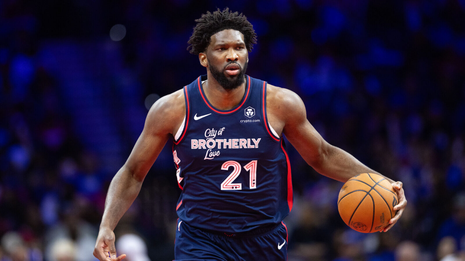 Nov 21, 2023; Philadelphia, Pennsylvania, USA; Philadelphia 76ers center Joel Embiid (21) in action against the Cleveland Cavaliers during the fourth quarter at Wells Fargo Center.