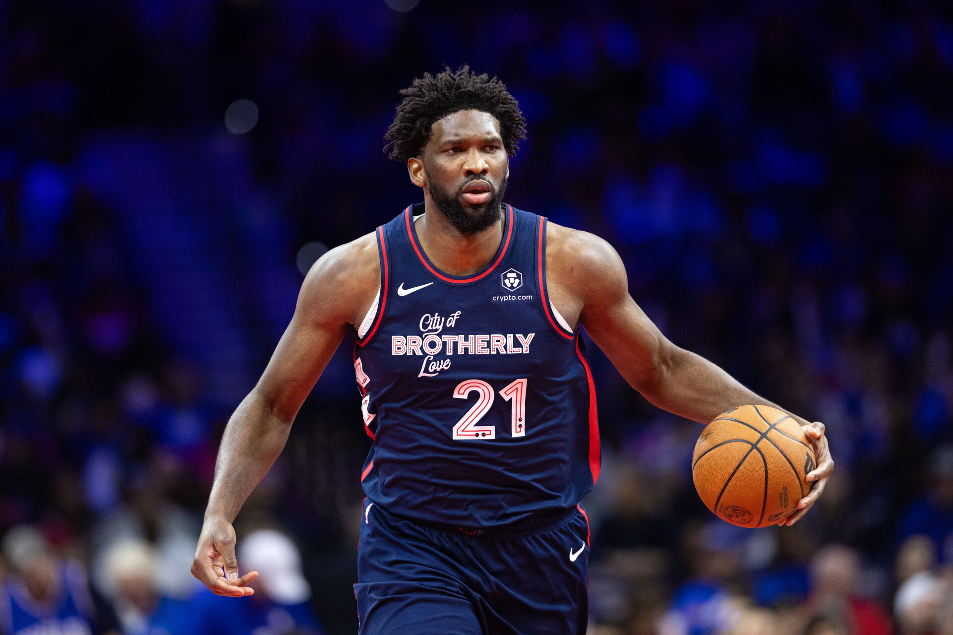 Nov 21, 2023; Philadelphia, Pennsylvania, USA; Philadelphia 76ers center Joel Embiid (21) in action against the Cleveland Cavaliers during the fourth quarter at Wells Fargo Center.