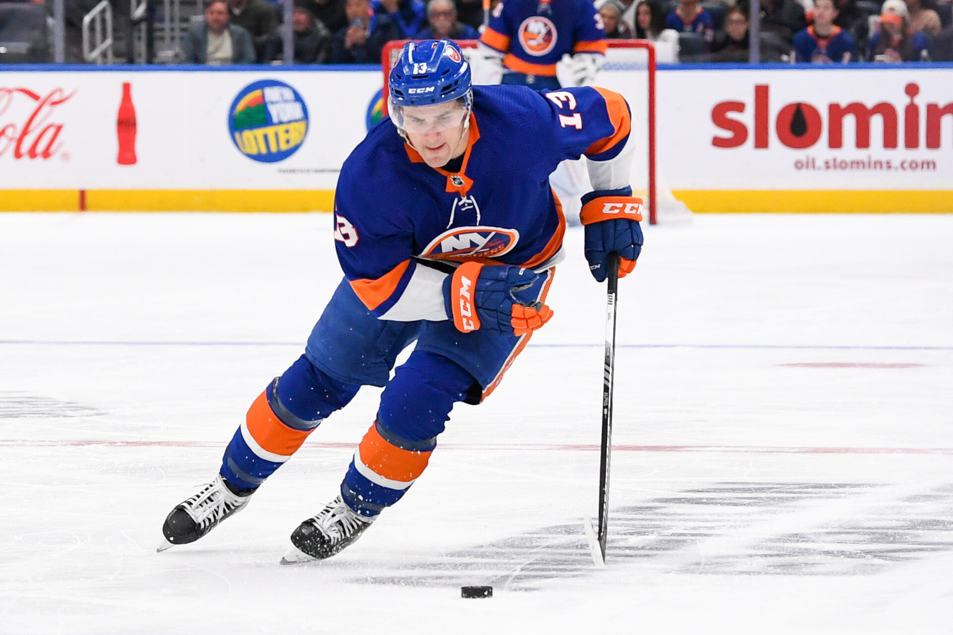 Nov 22, 2023; Elmont, New York, USA; New York Islanders center Mathew Barzal (13) skates across the blue line against the Philadelphia Flyers during the second period at UBS Arena.