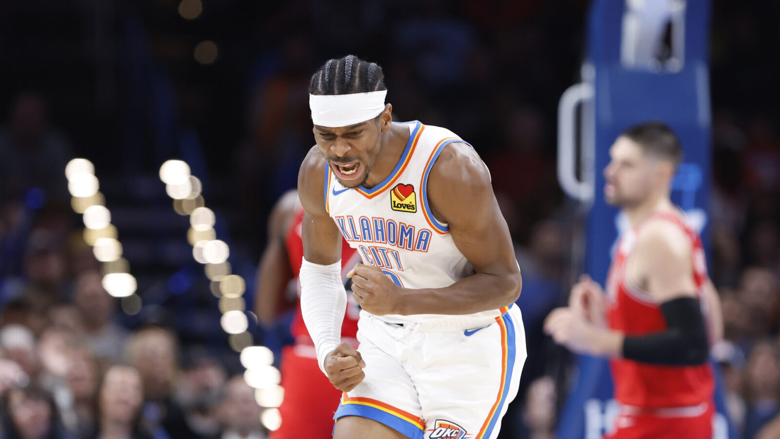 Nov 22, 2023; Oklahoma City, Oklahoma, USA; Oklahoma City Thunder guard Shai Gilgeous-Alexander (2) celebrates after a basket against the Chicago Bulls during the second half at Paycom Center.