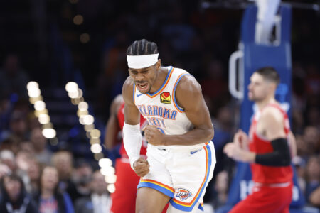 Nov 22, 2023; Oklahoma City, Oklahoma, USA; Oklahoma City Thunder guard Shai Gilgeous-Alexander (2) celebrates after a basket against the Chicago Bulls during the second half at Paycom Center.
