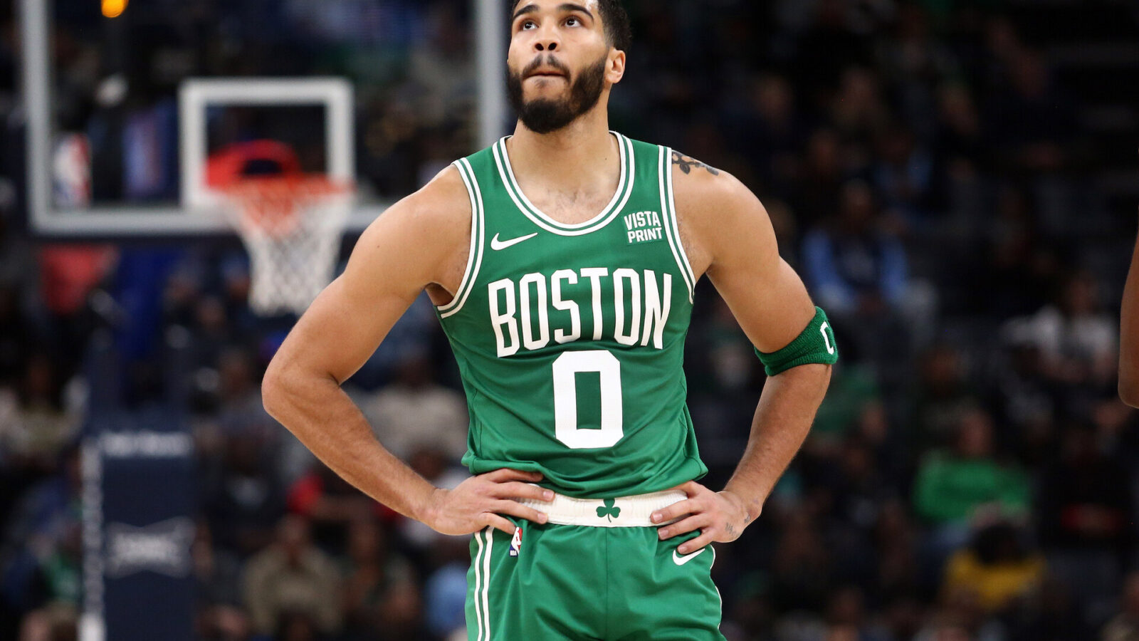 Nov 19, 2023; Memphis, Tennessee, USA; Boston Celtics forward Jayson Tatum (0) reacts during the first half against the Memphis Grizzlies at FedExForum.