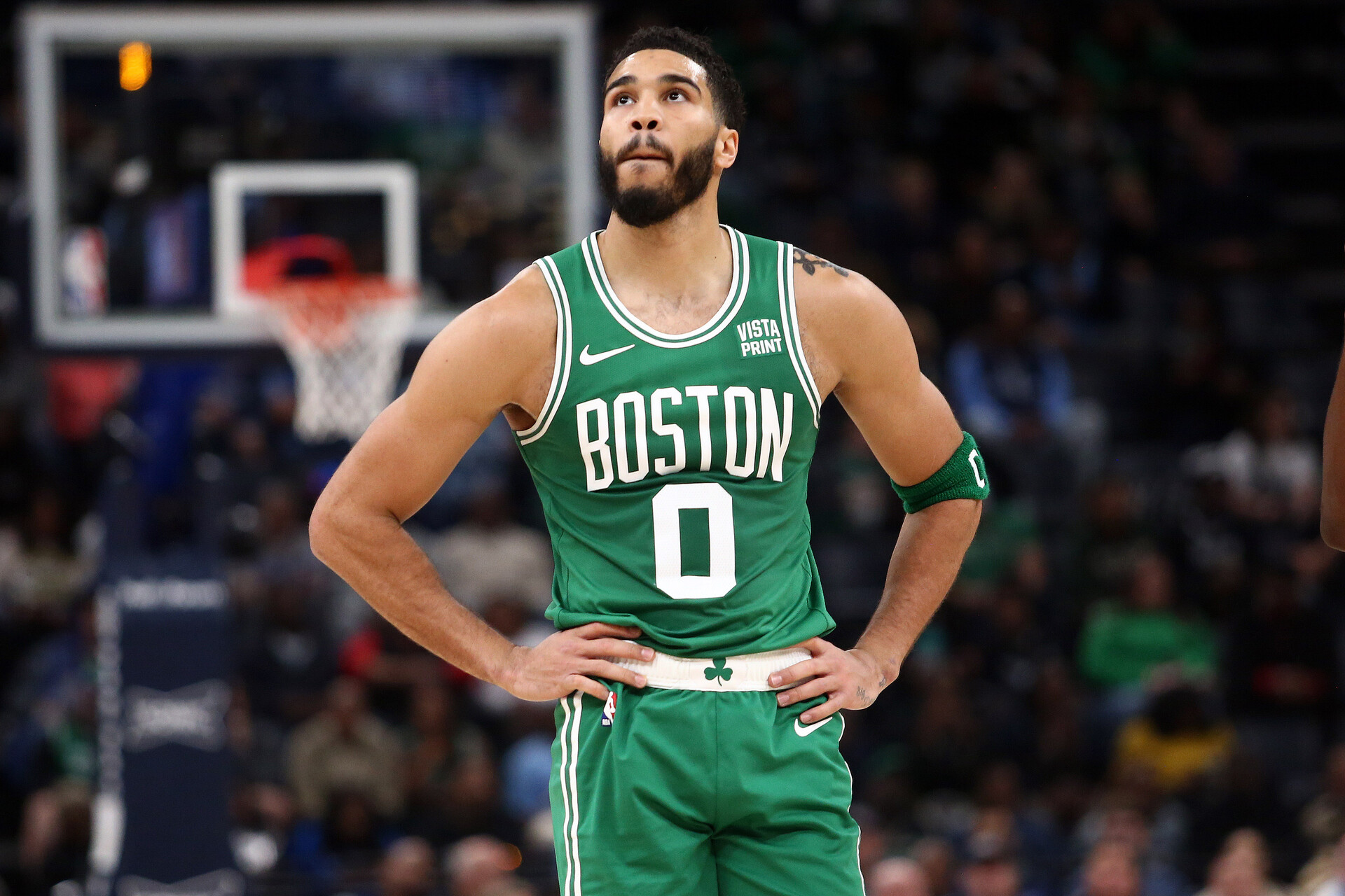 Nov 19, 2023; Memphis, Tennessee, USA; Boston Celtics forward Jayson Tatum (0) reacts during the first half against the Memphis Grizzlies at FedExForum.