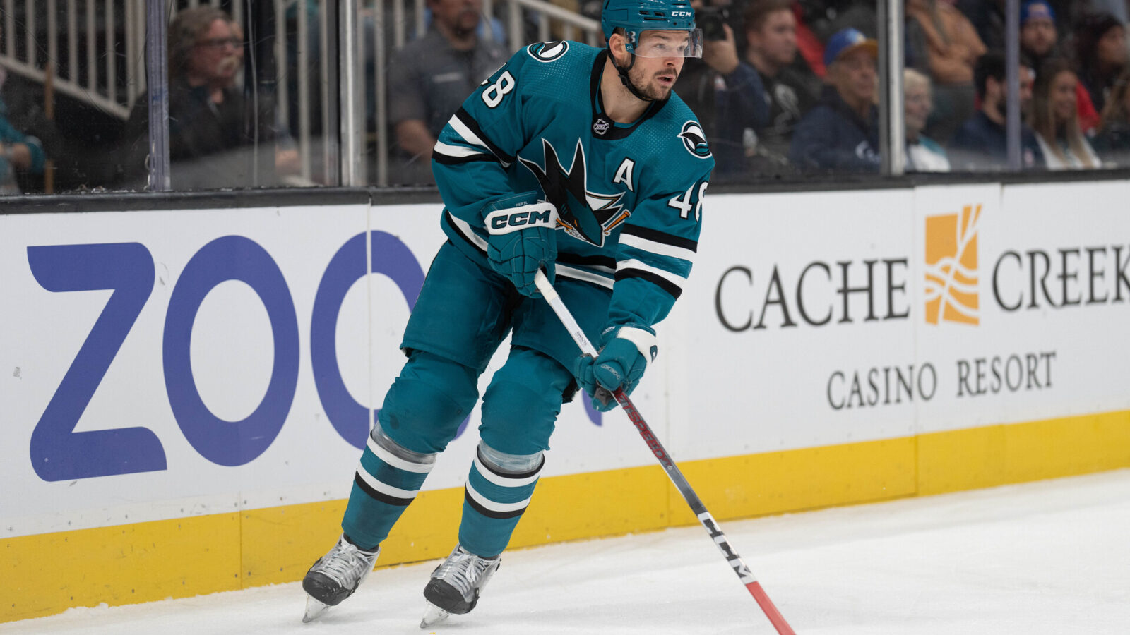 Nov 24, 2023; San Jose, California, USA; San Jose Sharks center Tomas Hertl (48) during the first period against the Montreal Canadiens at SAP Center at San Jose