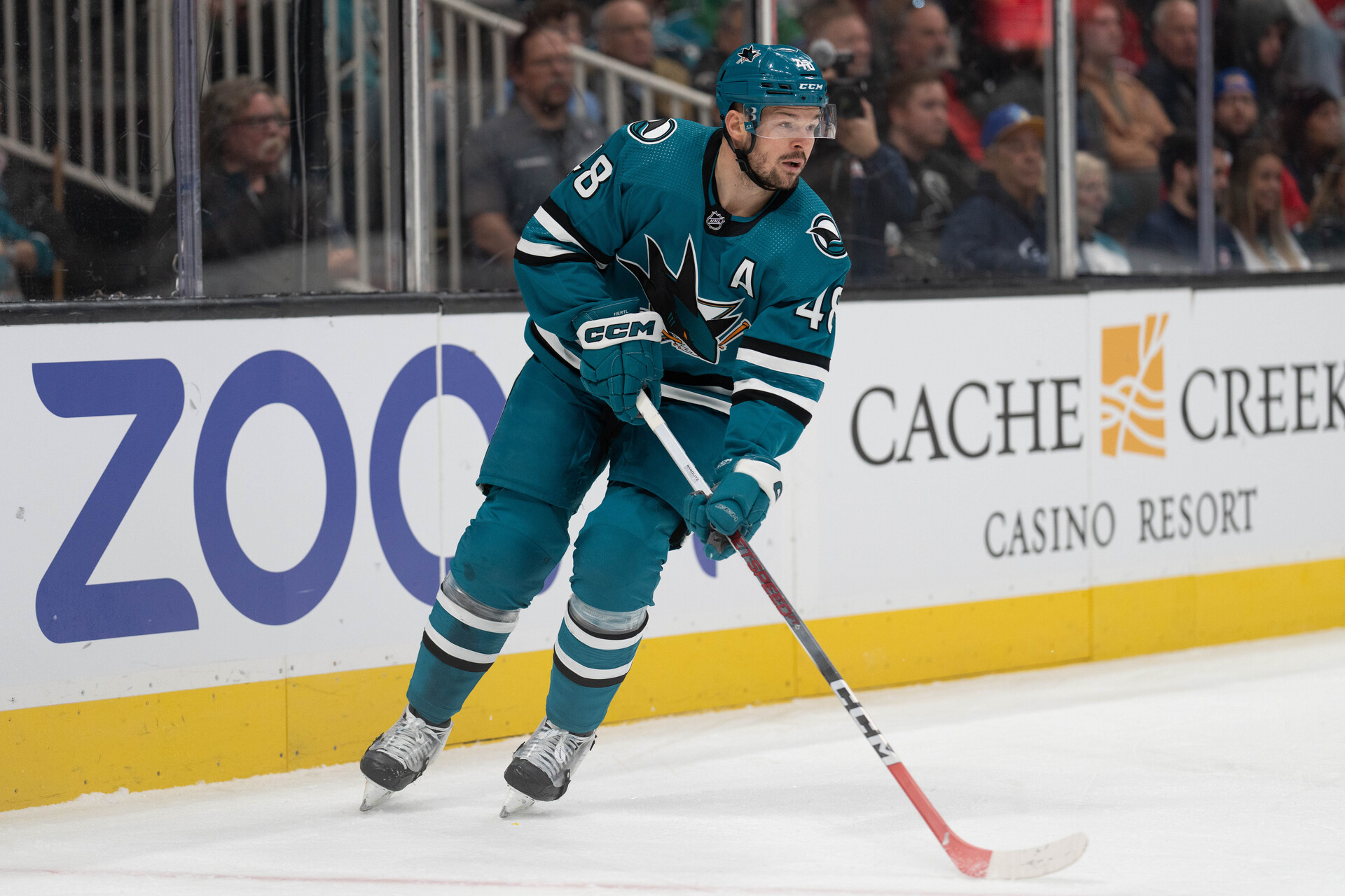 Nov 24, 2023; San Jose, California, USA; San Jose Sharks center Tomas Hertl (48) during the first period against the Montreal Canadiens at SAP Center at San Jose
