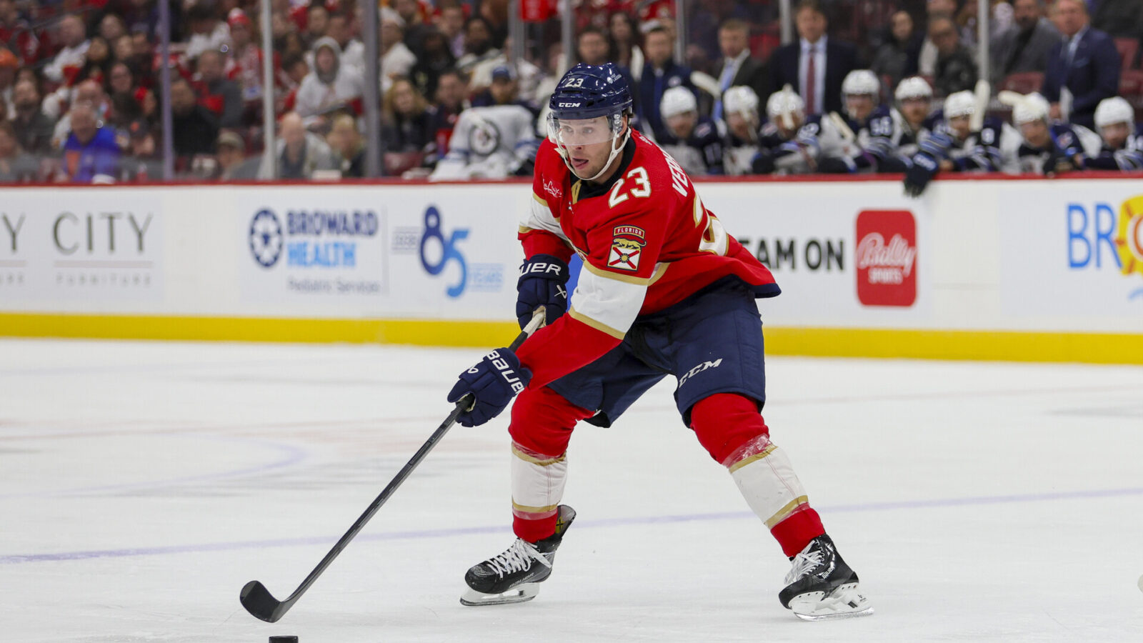 Nov 24, 2023; Sunrise, Florida, USA; Florida Panthers center Carter Verhaeghe (23) moves the puck against the Winnipeg Jets during the second period at Amerant Bank Arena.