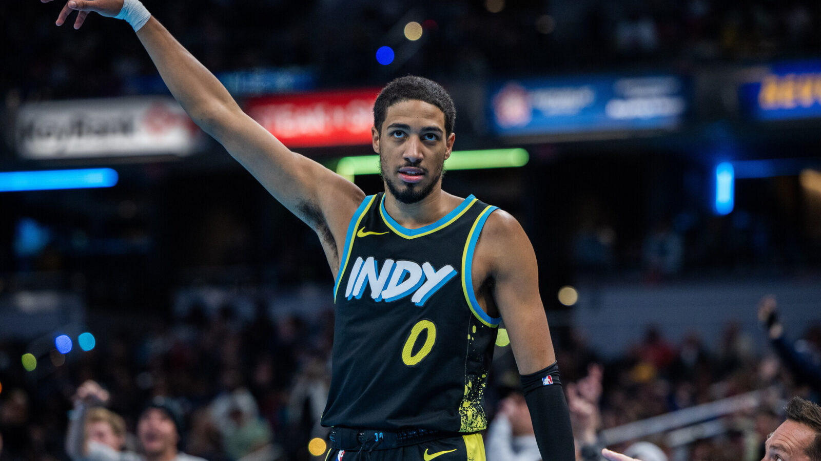 Nov 24, 2023; Indianapolis, Indiana, USA; Indiana Pacers guard Tyrese Haliburton (0) reacts after a basket in the second half against the Detroit Pistons at Gainbridge Fieldhouse.