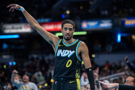 Nov 24, 2023; Indianapolis, Indiana, USA; Indiana Pacers guard Tyrese Haliburton (0) reacts after a basket in the second half against the Detroit Pistons at Gainbridge Fieldhouse.
