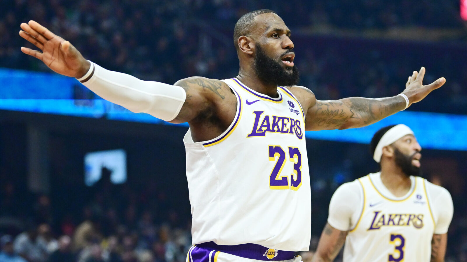 Nov 25, 2023; Cleveland, Ohio, USA; Los Angeles Lakers forward LeBron James (23) reacts during the first half against the Cleveland Cavaliers at Rocket Mortgage FieldHouse.